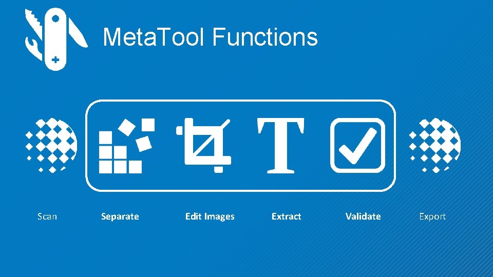 Meta. Tool Functions Scan Separate Edit Images Extract Validate Export 