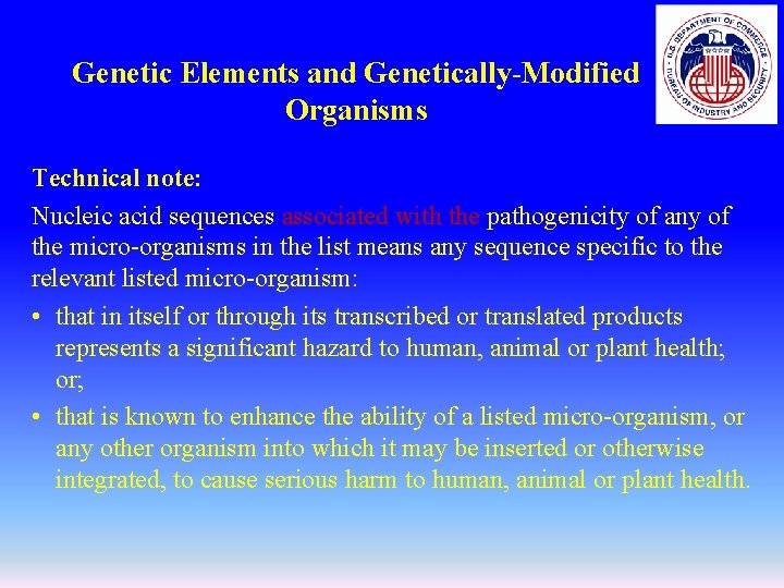 Genetic Elements and Genetically-Modified Organisms Technical note: Nucleic acid sequences associated with the pathogenicity