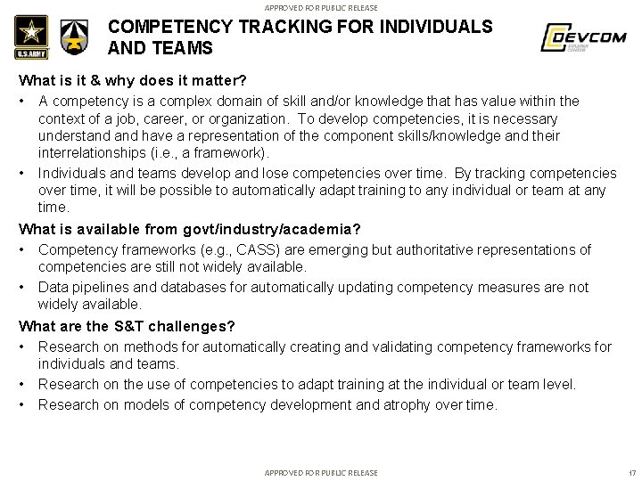 APPROVED FOR PUBLIC RELEASE COMPETENCY TRACKING FOR INDIVIDUALS AND TEAMS What is it &