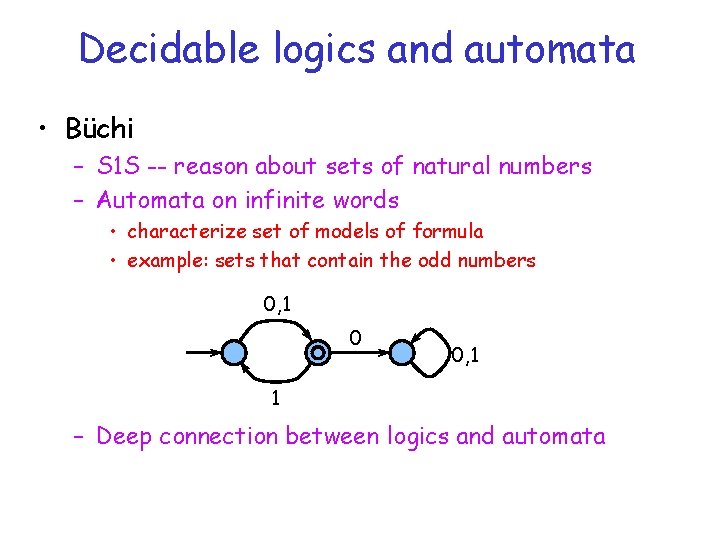 Decidable logics and automata • Büchi – S 1 S -- reason about sets