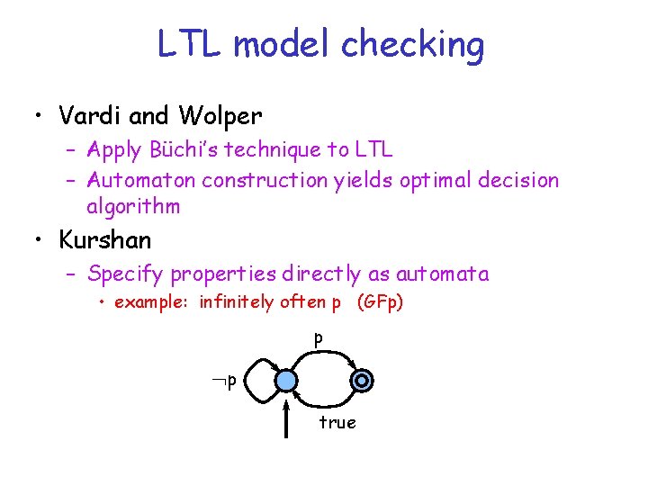 LTL model checking • Vardi and Wolper – Apply Büchi’s technique to LTL –