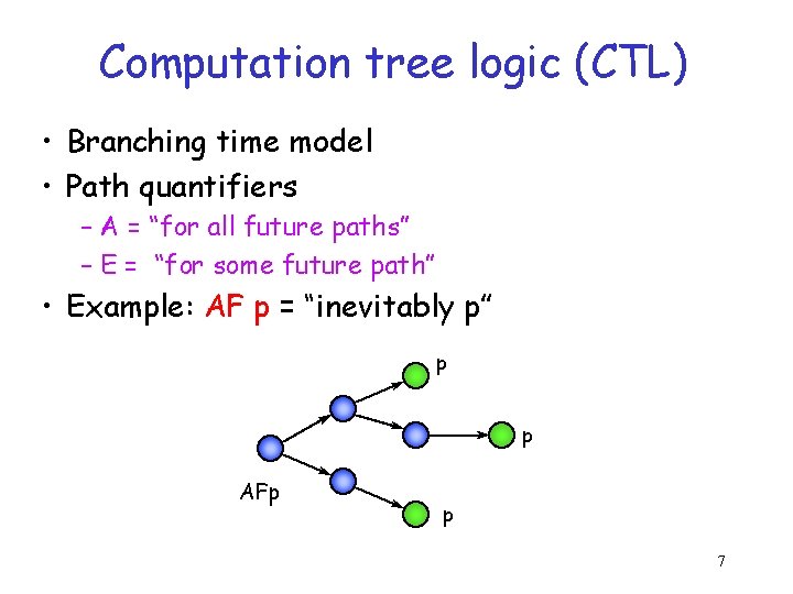 Computation tree logic (CTL) • Branching time model • Path quantifiers – A =