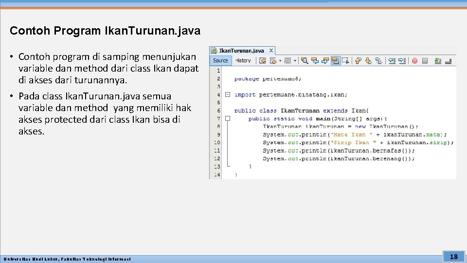 Contoh Program Ikan. Turunan. java • Contoh program di samping menunjukan variable dan method