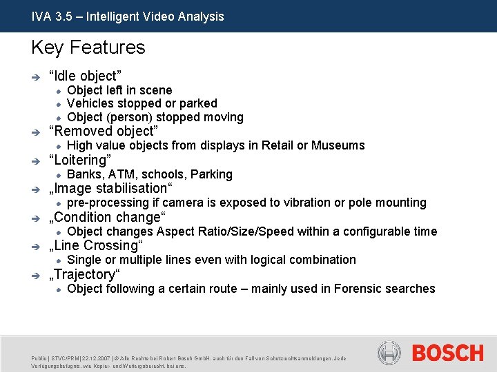IVA 3. 5 – Intelligent Video Analysis Key Features è “Idle object” è “Removed