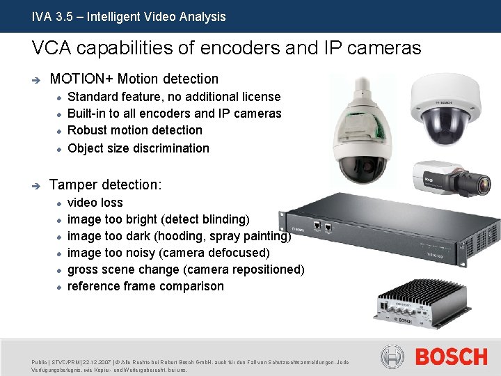 IVA 3. 5 – Intelligent Video Analysis VCA capabilities of encoders and IP cameras