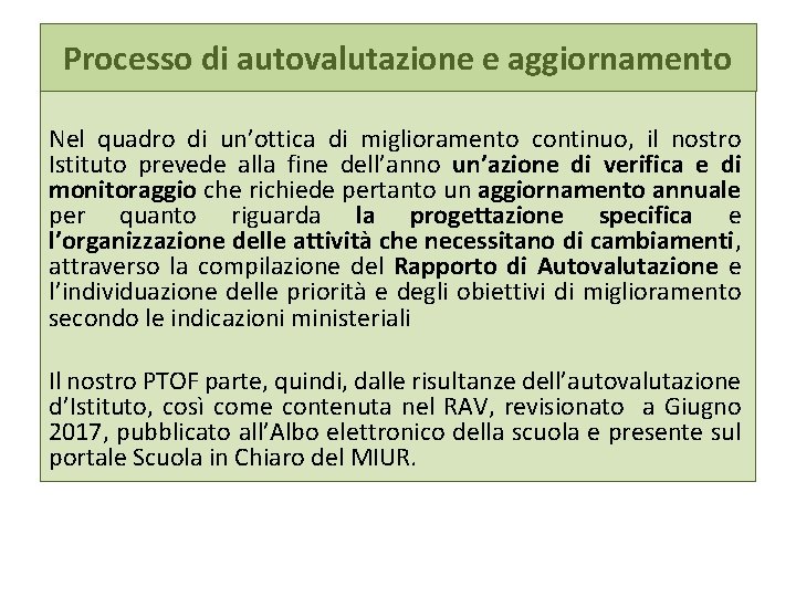 Processo di autovalutazione e aggiornamento Nel quadro di un’ottica di miglioramento continuo, il nostro