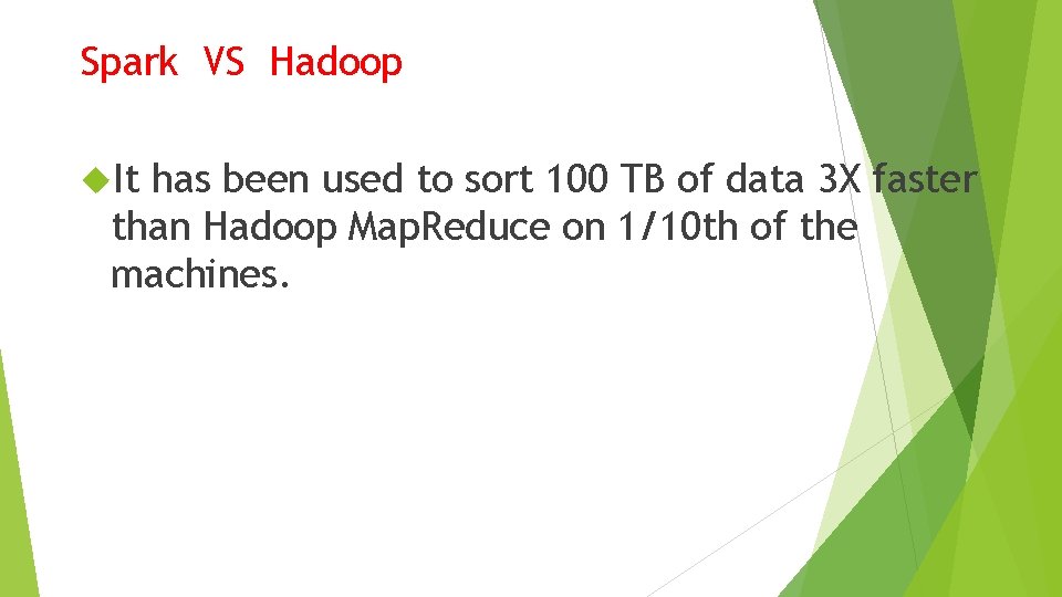 Spark VS Hadoop It has been used to sort 100 TB of data 3 Spark VS Hadoop It has been used to sort 100 TB of data 3