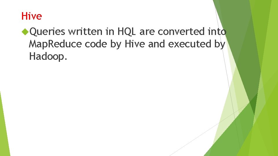 Hive Queries written in HQL are converted into Map. Reduce code by Hive and Hive Queries written in HQL are converted into Map. Reduce code by Hive and