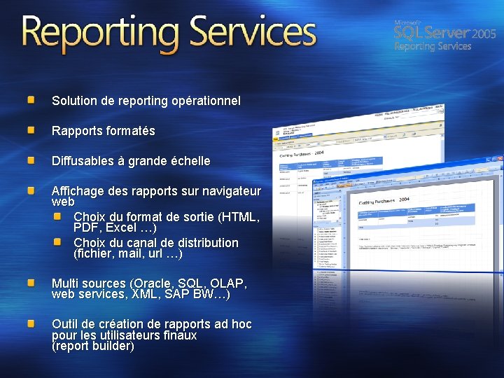 Solution de reporting opérationnel Rapports formatés Diffusables à grande échelle Affichage des rapports sur