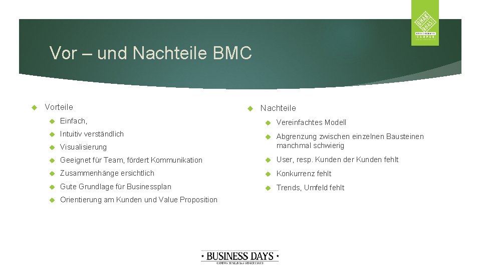 Vor – und Nachteile BMC Vorteile Nachteile Einfach, Vereinfachtes Modell Intuitiv verständlich Visualisierung Abgrenzung