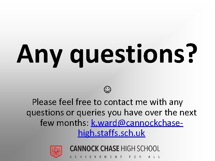 Any questions? Please feel free to contact me with any questions or queries you