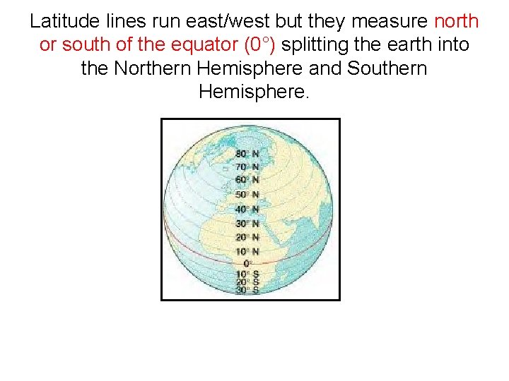 Latitude lines run east/west but they measure north or south of the equator (0°)