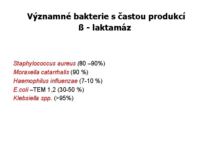 Významné bakterie s častou produkcí ß - laktamáz Staphylococcus aureus (80 – 90%) Moraxella