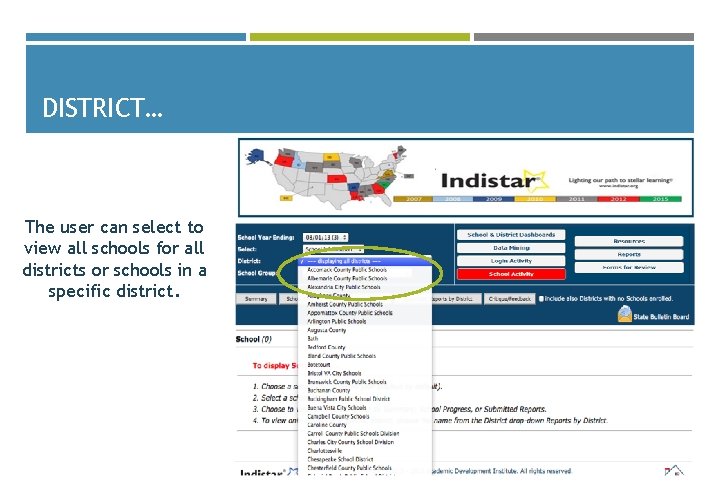 DISTRICT… The user can select to view all schools for all districts or schools