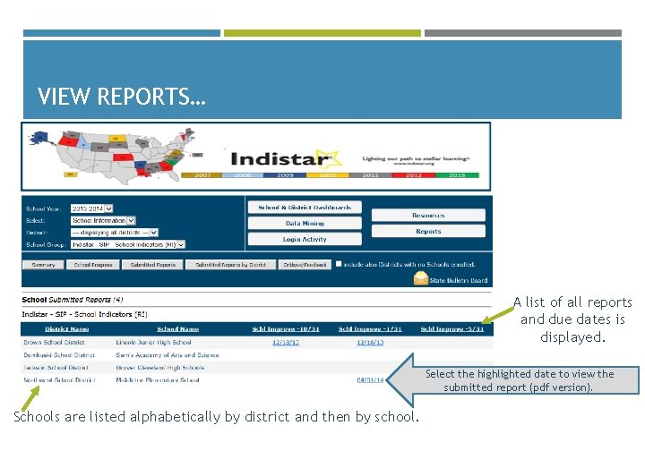 VIEW REPORTS… A list of all reports and due dates is displayed. Select the