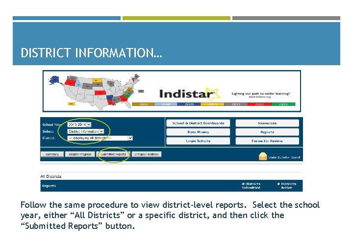 DISTRICT INFORMATION… Follow the same procedure to view district-level reports. Select the school year,