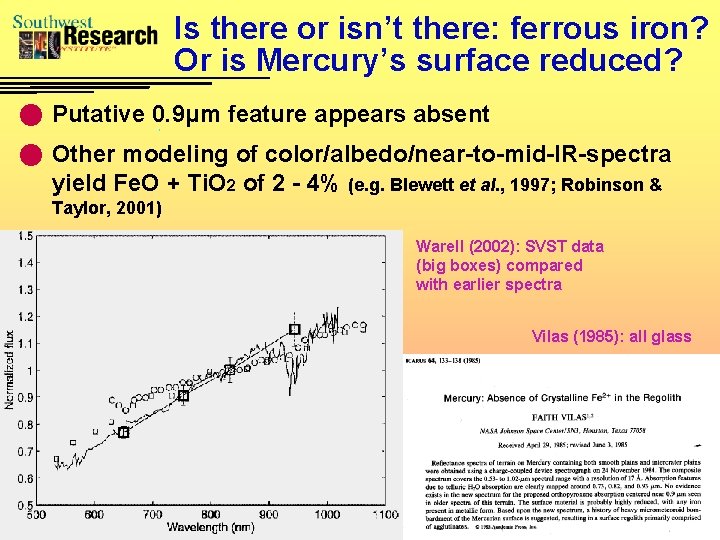 Is there or isn’t there: ferrous iron? Or is Mercury’s surface reduced? n Putative