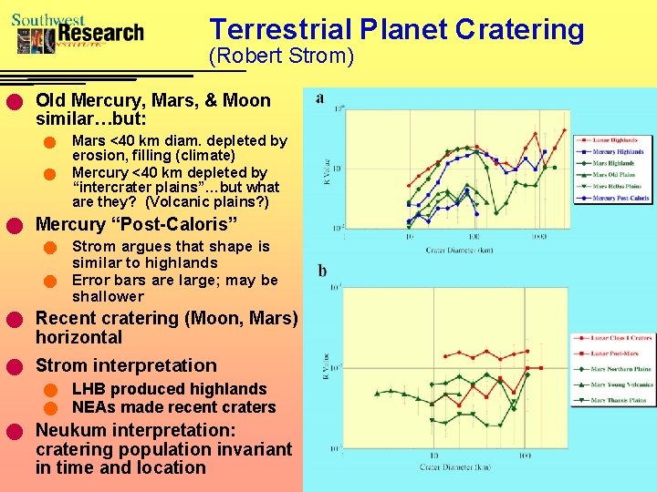 Terrestrial Planet Cratering (Robert Strom) n Old Mercury, Mars, & Moon similar…but: n n