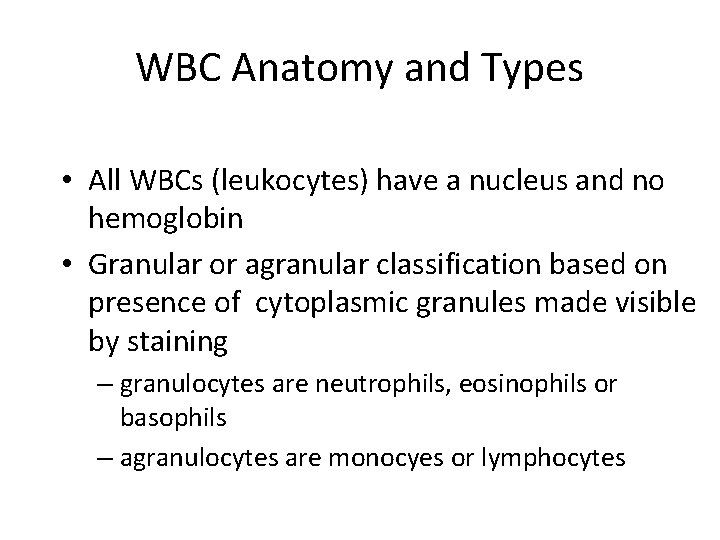 WBC Anatomy and Types • All WBCs (leukocytes) have a nucleus and no hemoglobin