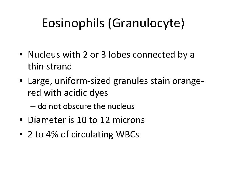 Eosinophils (Granulocyte) • Nucleus with 2 or 3 lobes connected by a thin strand