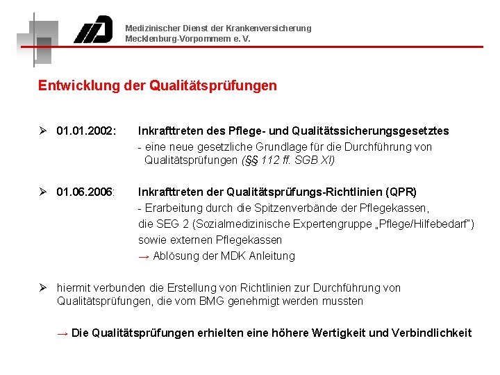 Medizinischer Dienst der Krankenversicherung Mecklenburg-Vorpommern e. V. Entwicklung der Qualitätsprüfungen Ø 01. 2002: Inkrafttreten