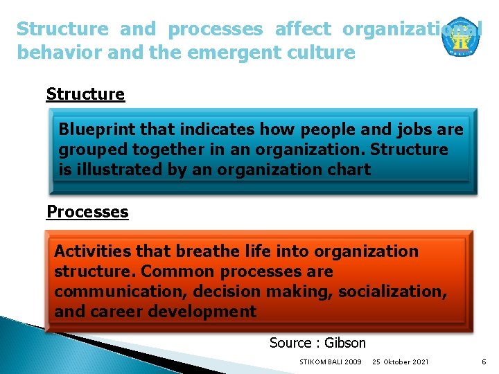 Structure and processes affect organizational behavior and the emergent culture Structure Blueprint that indicates