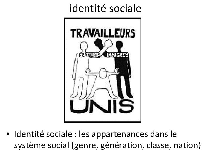 identité sociale • Identité sociale : les appartenances dans le système social (genre, génération,