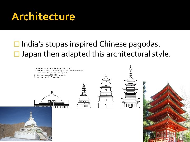 Architecture � India's stupas inspired Chinese pagodas. � Japan then adapted this architectural style.