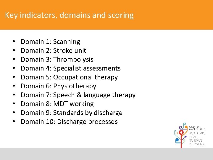 Key indicators, domains and scoring • • • Domain 1: Scanning Domain 2: Stroke