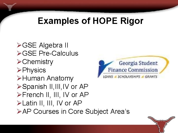 Examples of HOPE Rigor ØGSE Algebra II ØGSE Pre-Calculus ØChemistry ØPhysics ØHuman Anatomy ØSpanish