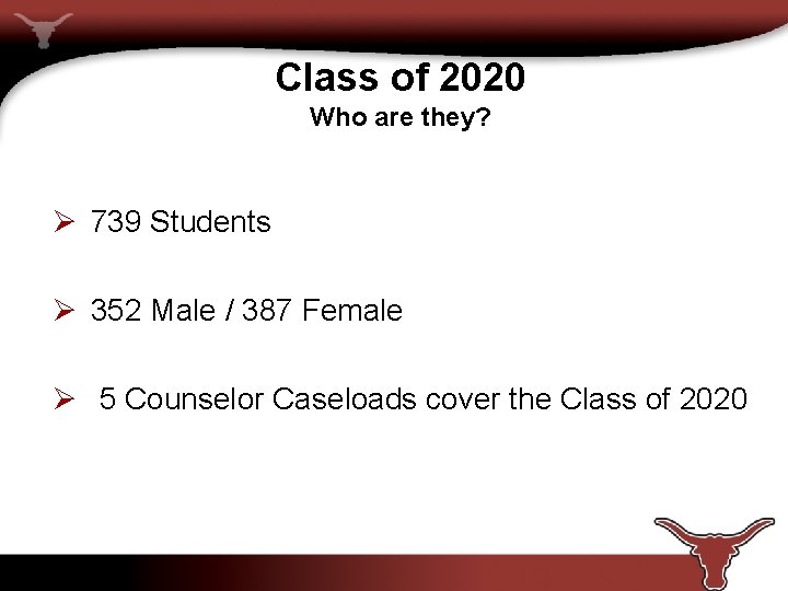 Class of 2020 Who are they? Ø 739 Students Ø 352 Male / 387