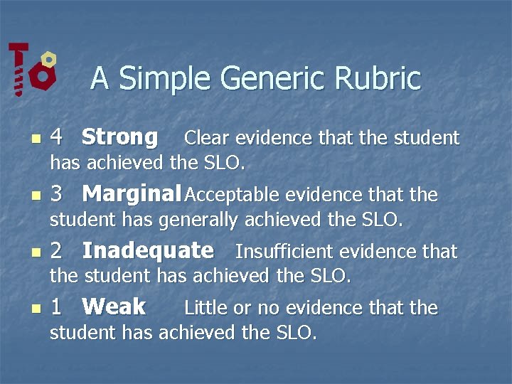 A Simple Generic Rubric n 4 Strong n 3 Marginal Acceptable evidence that the