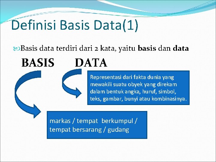 Definisi Basis Data(1) Basis data terdiri dari 2 kata, yaitu basis dan data BASIS
