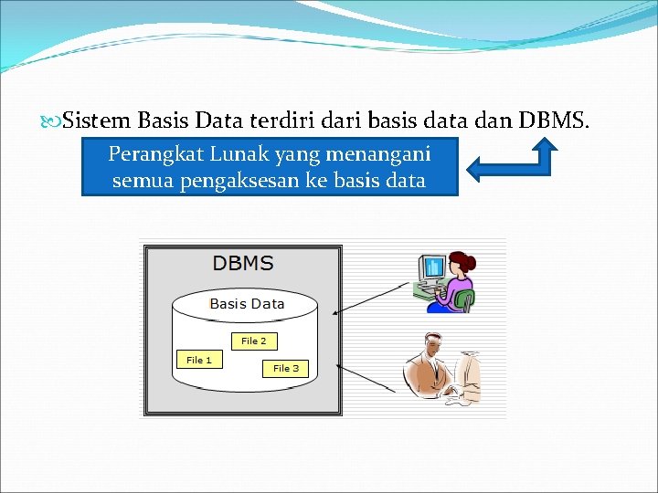  Sistem Basis Data terdiri dari basis data dan DBMS. Perangkat Lunak yang menangani