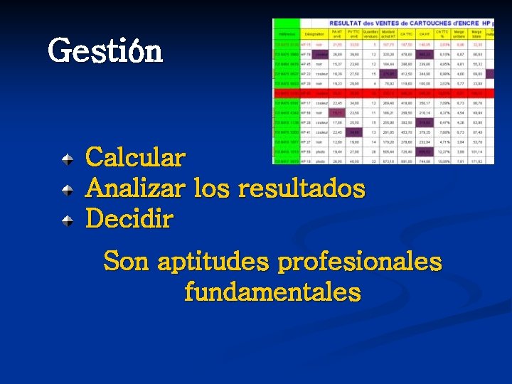 Gestión Calcular Analizar los resultados Decidir Son aptitudes profesionales fundamentales 