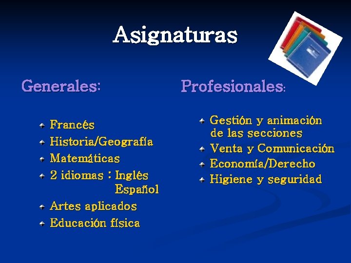 Asignaturas Generales: Francés Historia/Geografía Matemáticas 2 idiomas : Inglés Español Artes aplicados Educación física