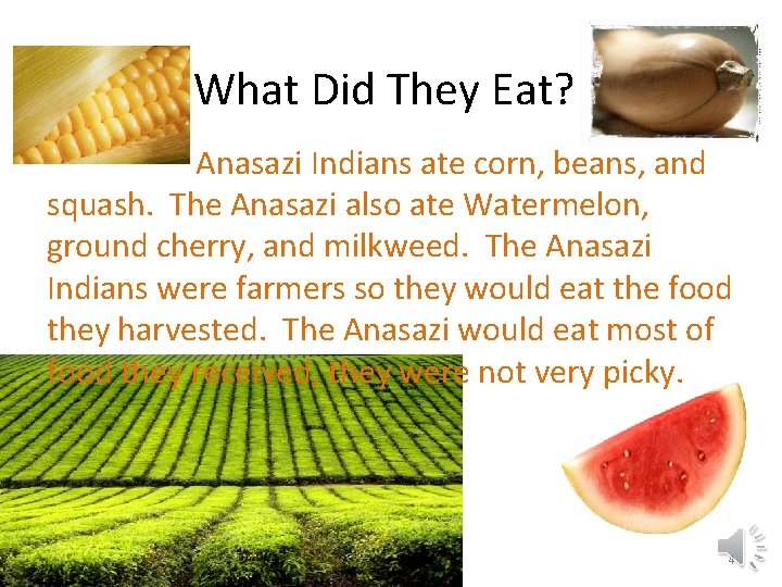 What Did They Eat? Anasazi Indians ate corn, beans, and squash. The Anasazi also