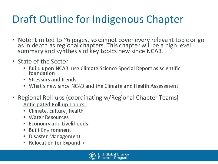 Draft Outline for Indigenous Chapter • Note: Limited to ~6 pages, so cannot cover