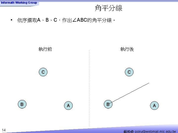 Informath Working Group 角平分線 • 依序選取A、B、C，作出∠ABC的角平分線。 執行前 執行後 C B 14 C A B