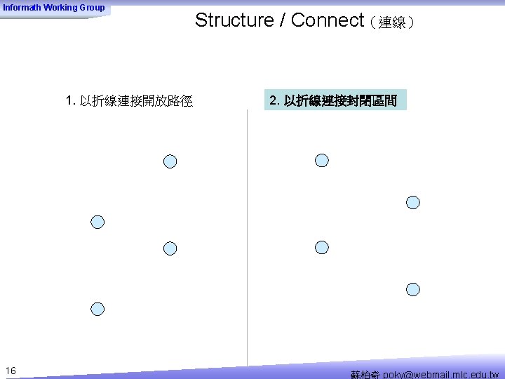 Informath Working Group 1. 以折線連接開放路徑 16 Structure / Connect（連線） 2. 以折線連接封閉區間 蘇柏奇 poky@webmail. mlc.