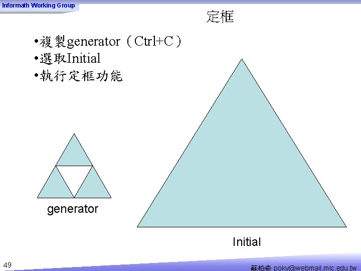 Informath Working Group 定框 • 複製generator（Ctrl+C） • 選取Initial • 執行定框功能 generator Initial 49 蘇柏奇