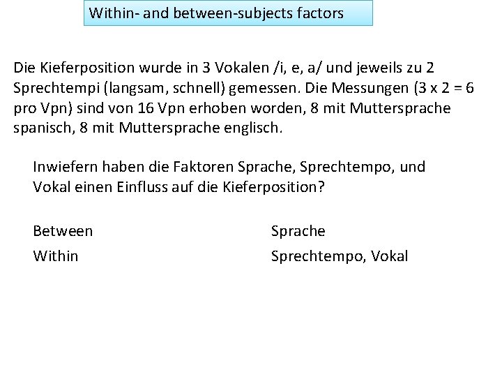 Within- and between-subjects factors Die Kieferposition wurde in 3 Vokalen /i, e, a/ und