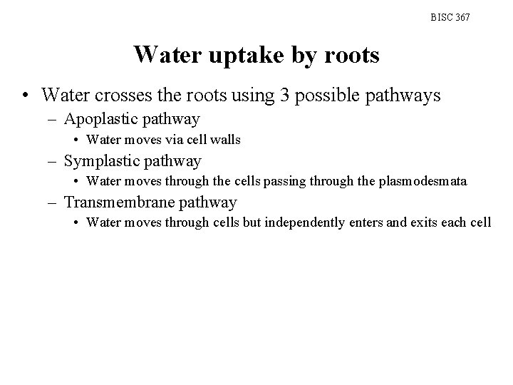 BISC 367 Water uptake by roots • Water crosses the roots using 3 possible