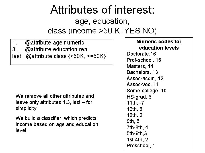 Attributes of interest: age, education, class (income >50 K: YES, NO) 1. @attribute age