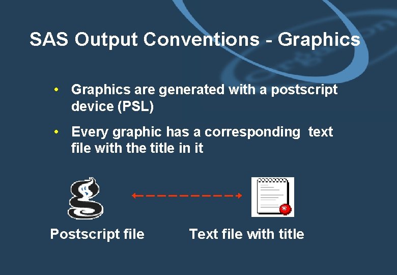 SAS Output Conventions - Graphics • Graphics are generated with a postscript device (PSL)