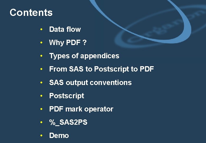 Contents • Data flow • Why PDF ? • Types of appendices • From