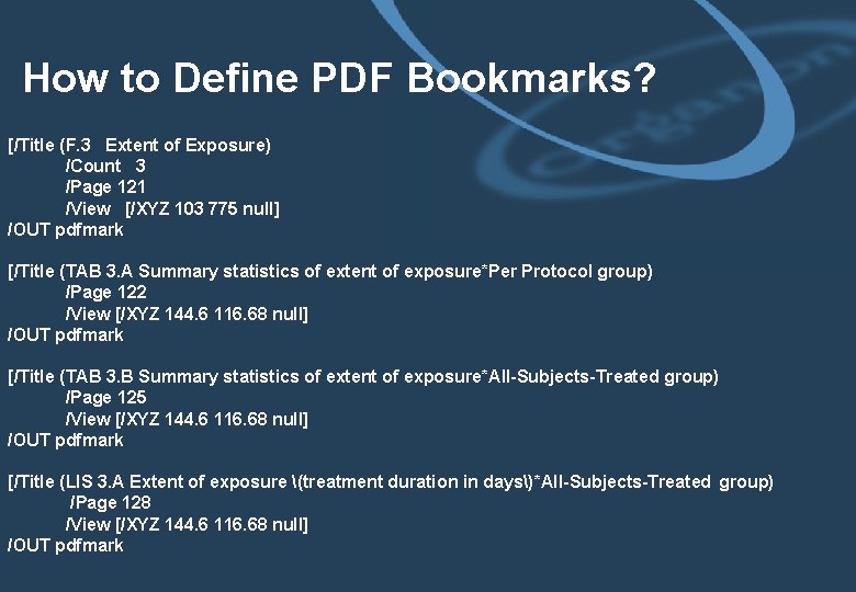 How to Define PDF Bookmarks? [/Title (F. 3 Extent of Exposure) /Count 3 /Page