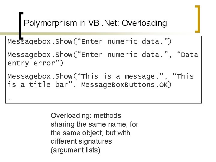 Polymorphism in VB. Net: Overloading Messagebox. Show(“Enter numeric data. ”) Messagebox. Show(“Enter numeric data.