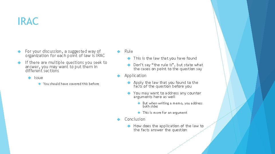 IRAC For your discussion, a suggested way of organization for each point of law