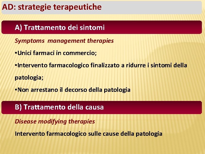 AD: strategie terapeutiche A) Trattamento dei sintomi Symptoms management therapies • Unici farmaci in